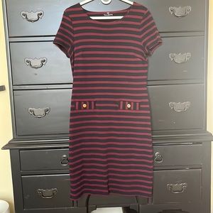 Talbots size small knit stripped dress. Faux welt front pockets. Cute. Wine/navy